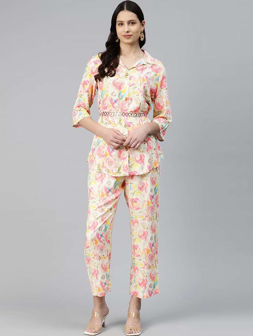 white floral top and trouser co-ord set