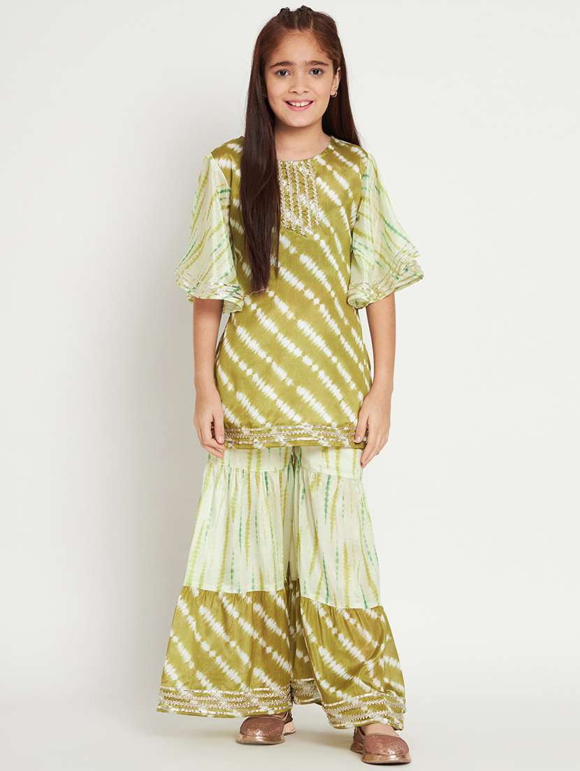 green printed kurta sharara set