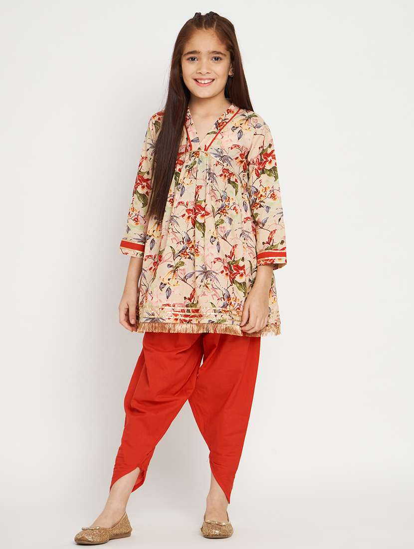 beige printed kurta dhoti salwar set