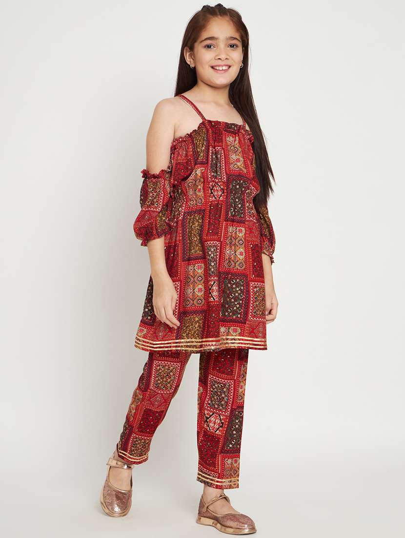 red printed cold sholuder kurta pant set - 20117193 -  Standard Image - 1