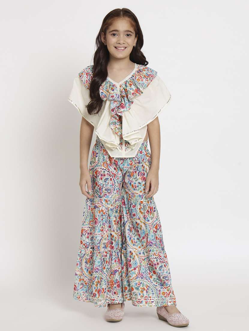 girls multi colored printed layered top & trouser set