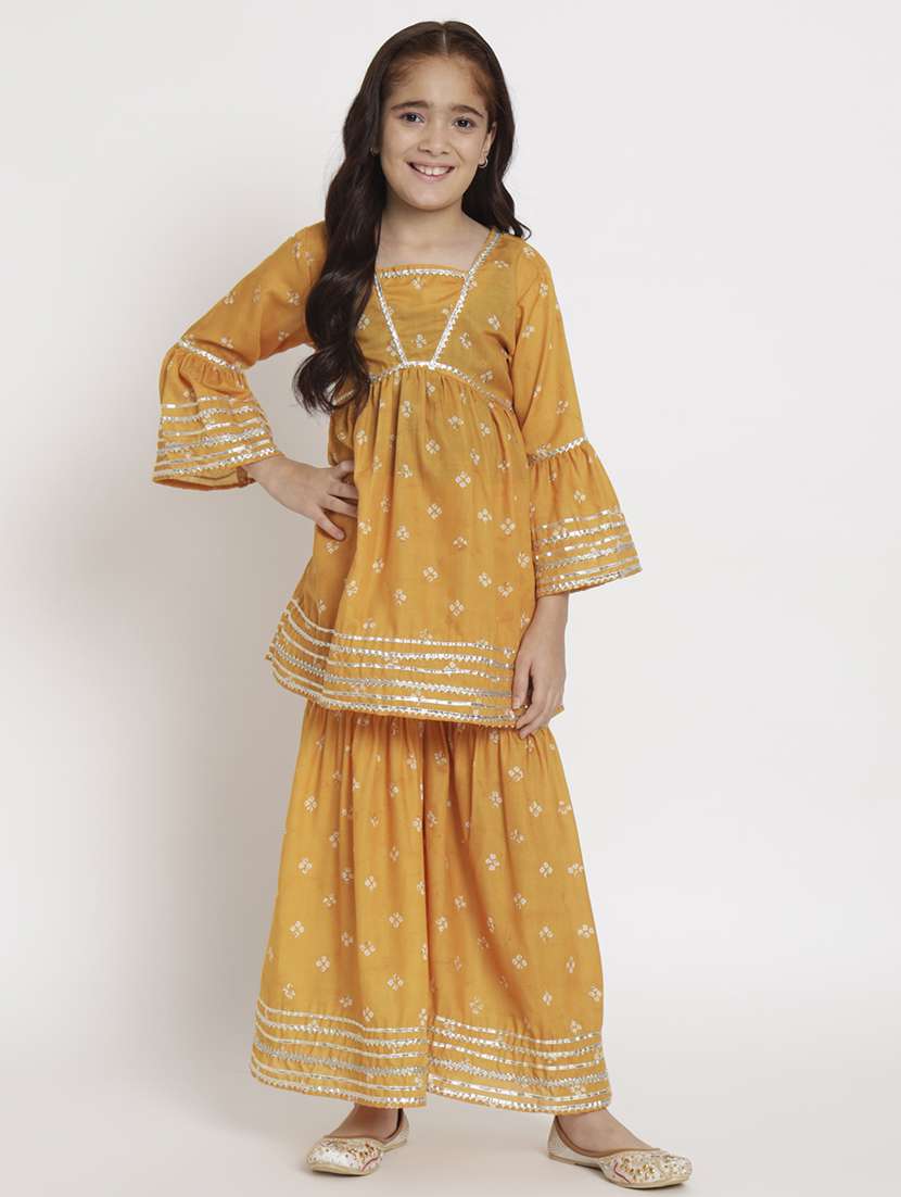 yellow printed kurta sharara set