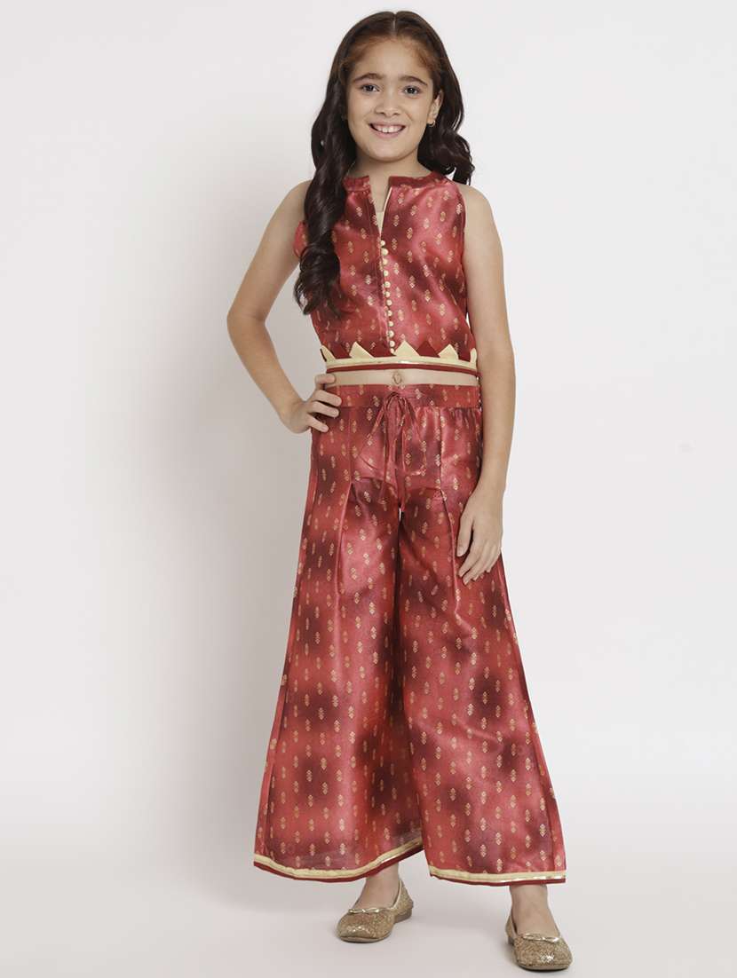 brown printed top pants set 
