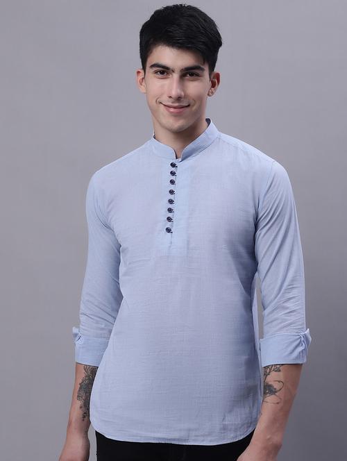 light blue solid mandarin neck kurta - 20117413 - Standard Image - 0