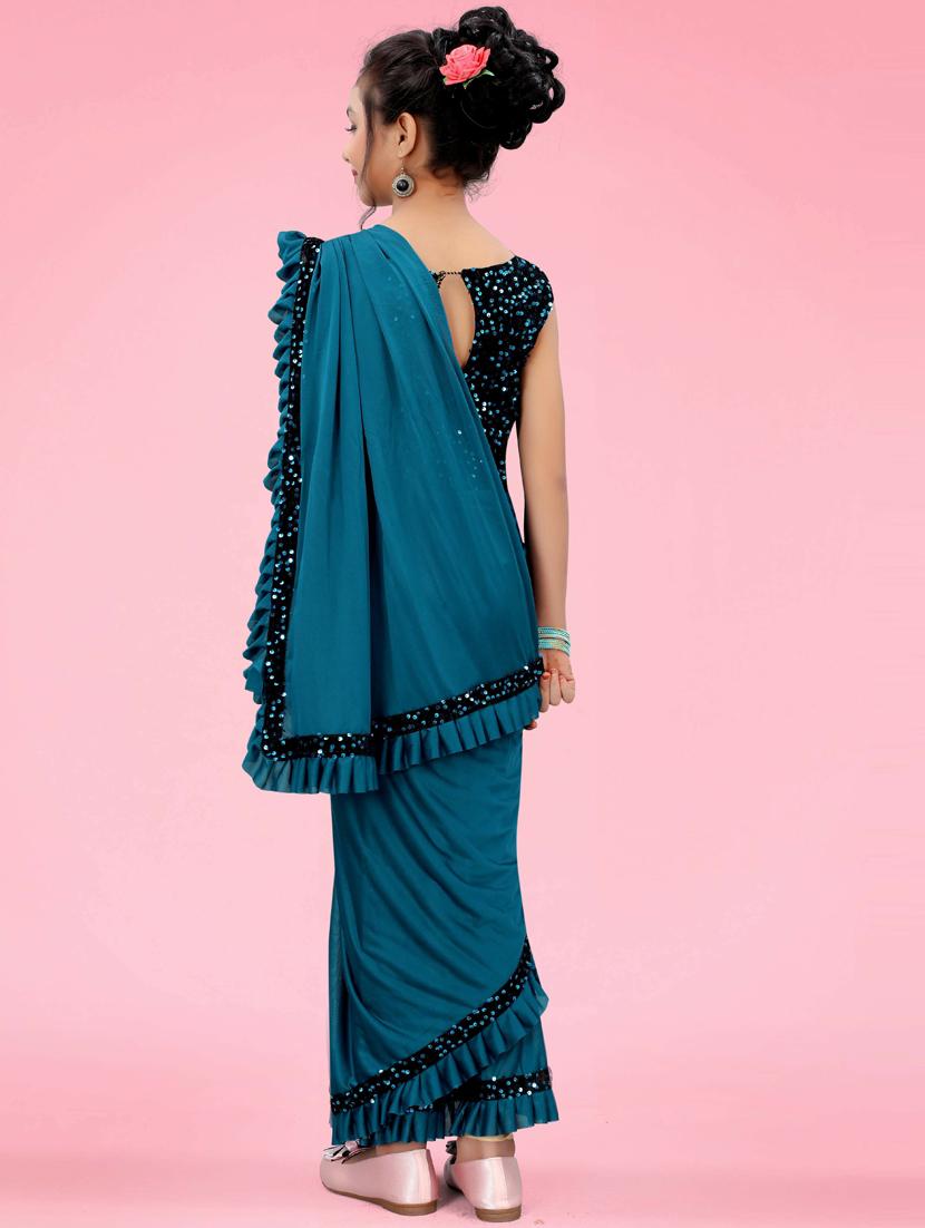 teal blue solid with ruffle border saree - 20117664 - Standard Image - 1