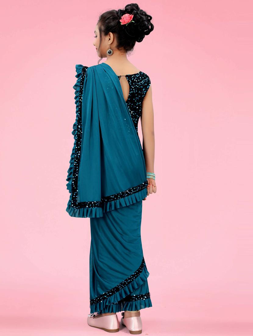 teal blue solid with ruffle border saree - 20117665 - Standard Image - 1