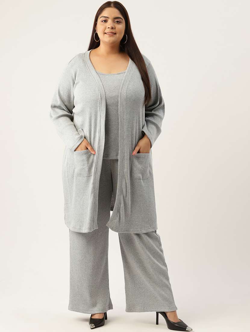 grey solid top and trouser with shrug co-ord set 