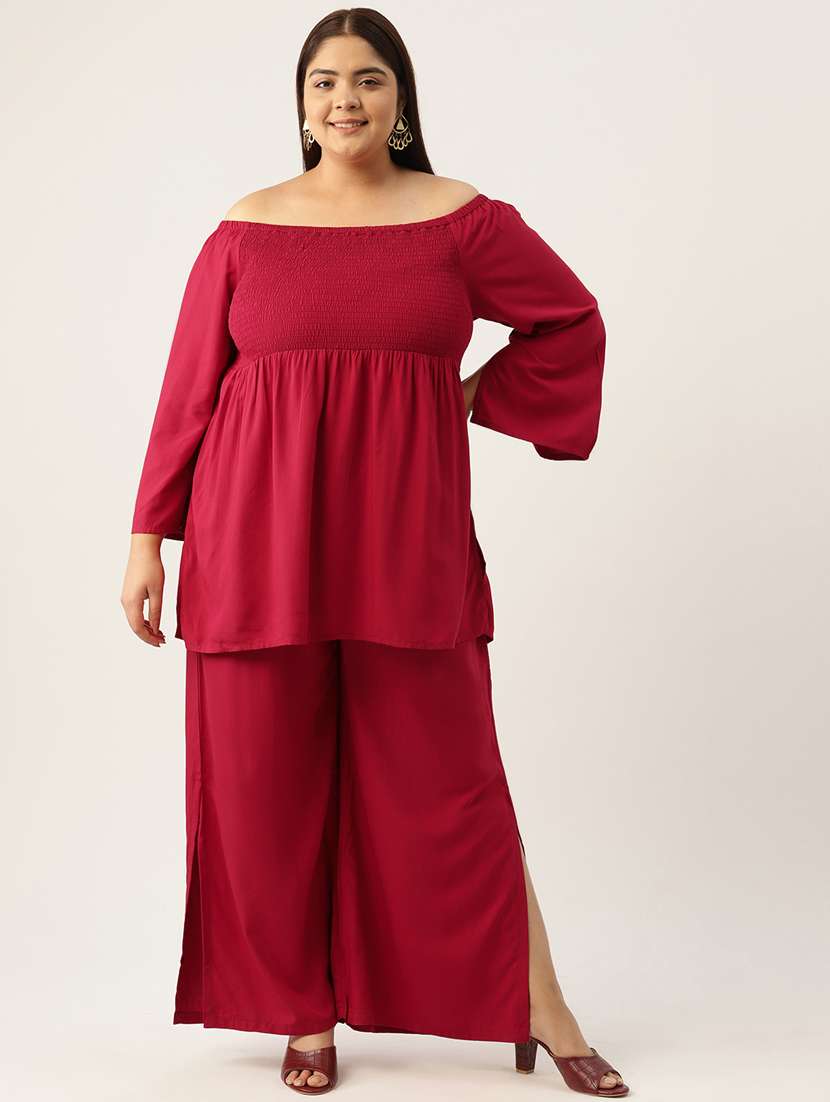red solid off-shoulder top and palazzo co-ord set 