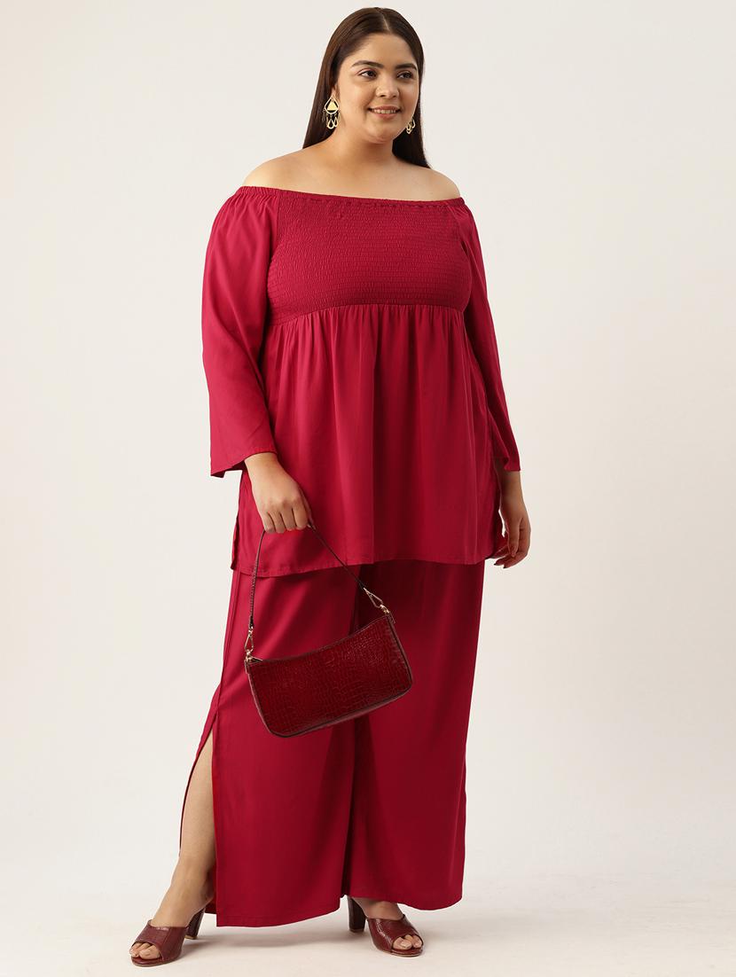 red solid off-shoulder top and palazzo co-ord set - 20120478 - Standard Image - 1