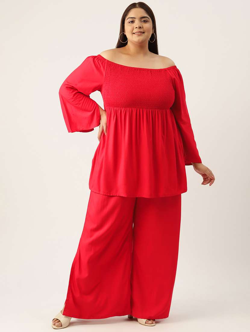red solid off-shoulder top and palazzo co-ord set 