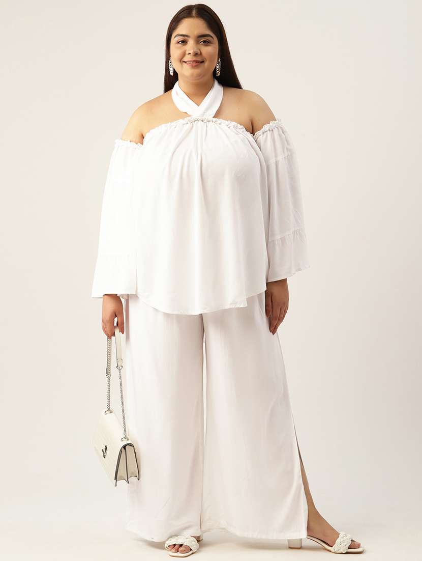 white solid tie back neck top and palazzo co-ord set 