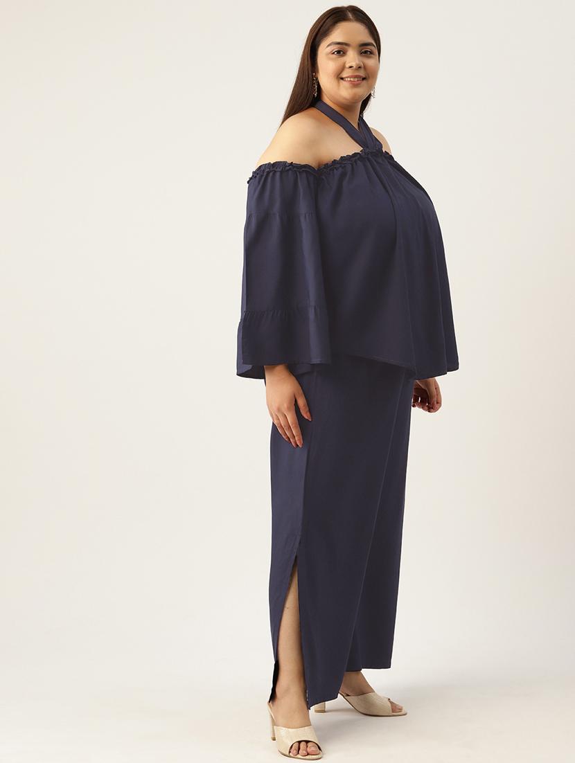 navy blue solid tie back neck top and palazzo co-ord set - 20120489 - Standard Image - 1