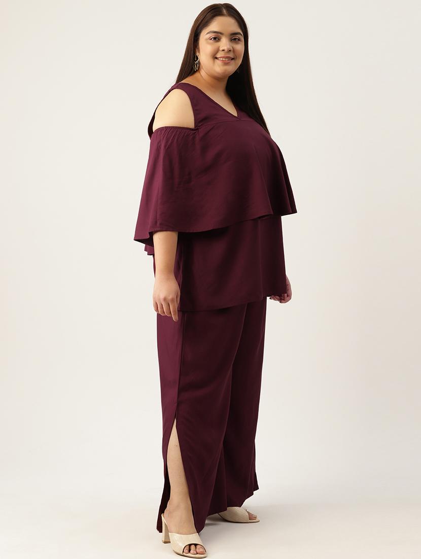 purple solid cold shoulder top and palazzo co-ord set - 20120492 - Standard Image - 1