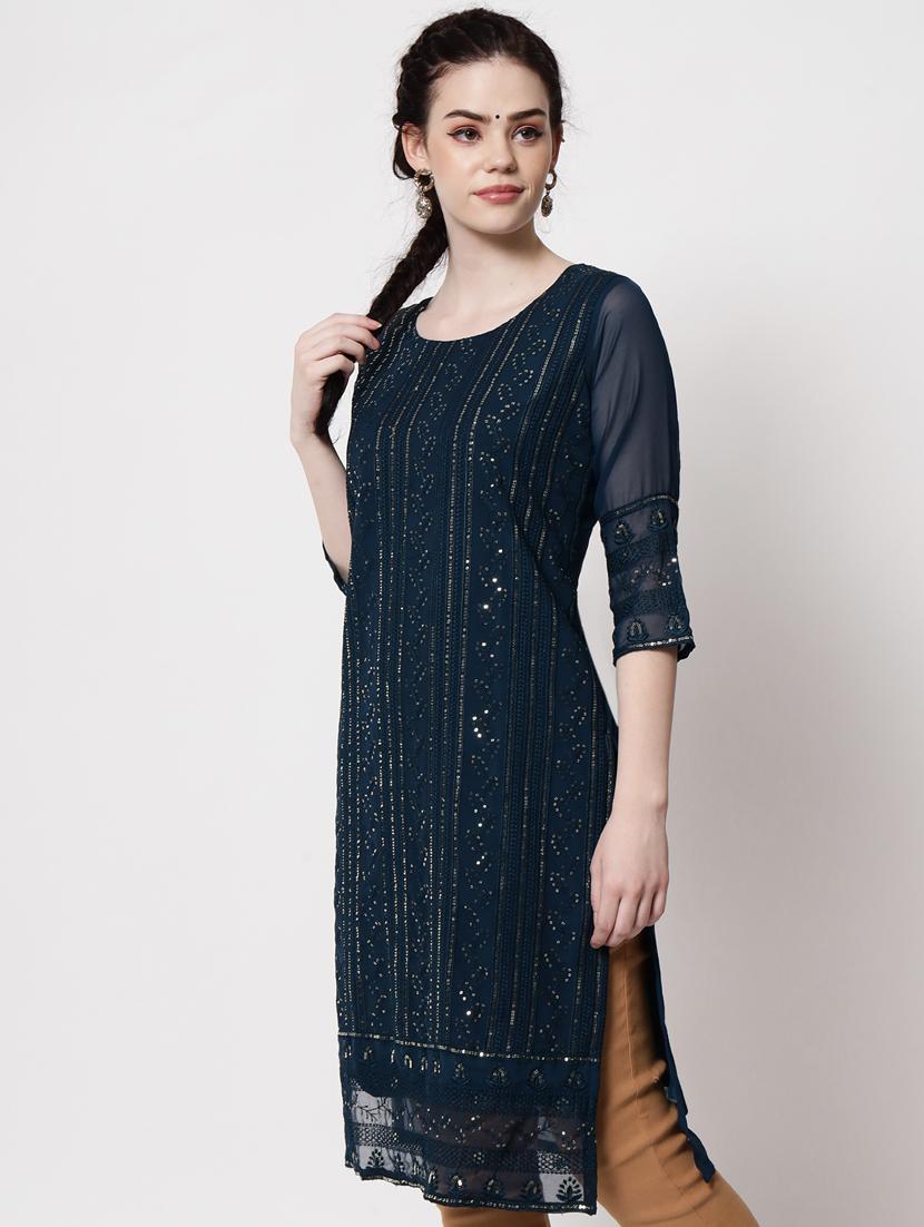 round neck self design straight kurta - 20120602 -  Standard Image - 1