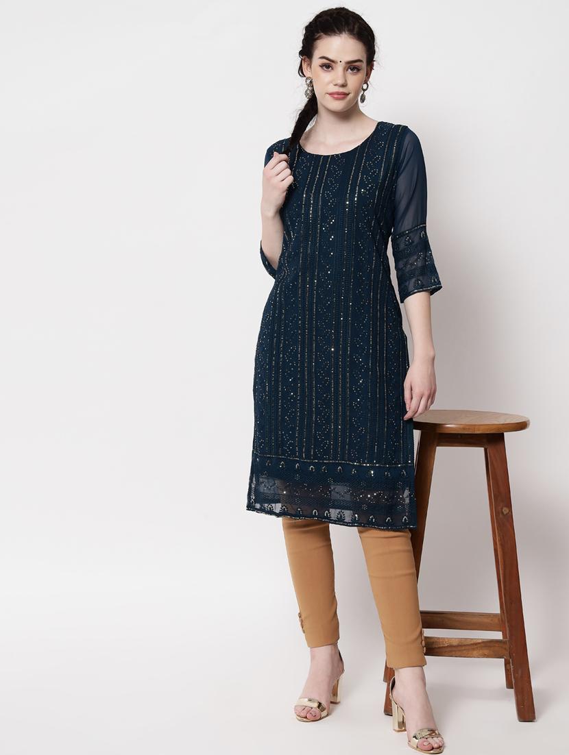 round neck self design straight kurta - 20120602 - Standard Image - 4