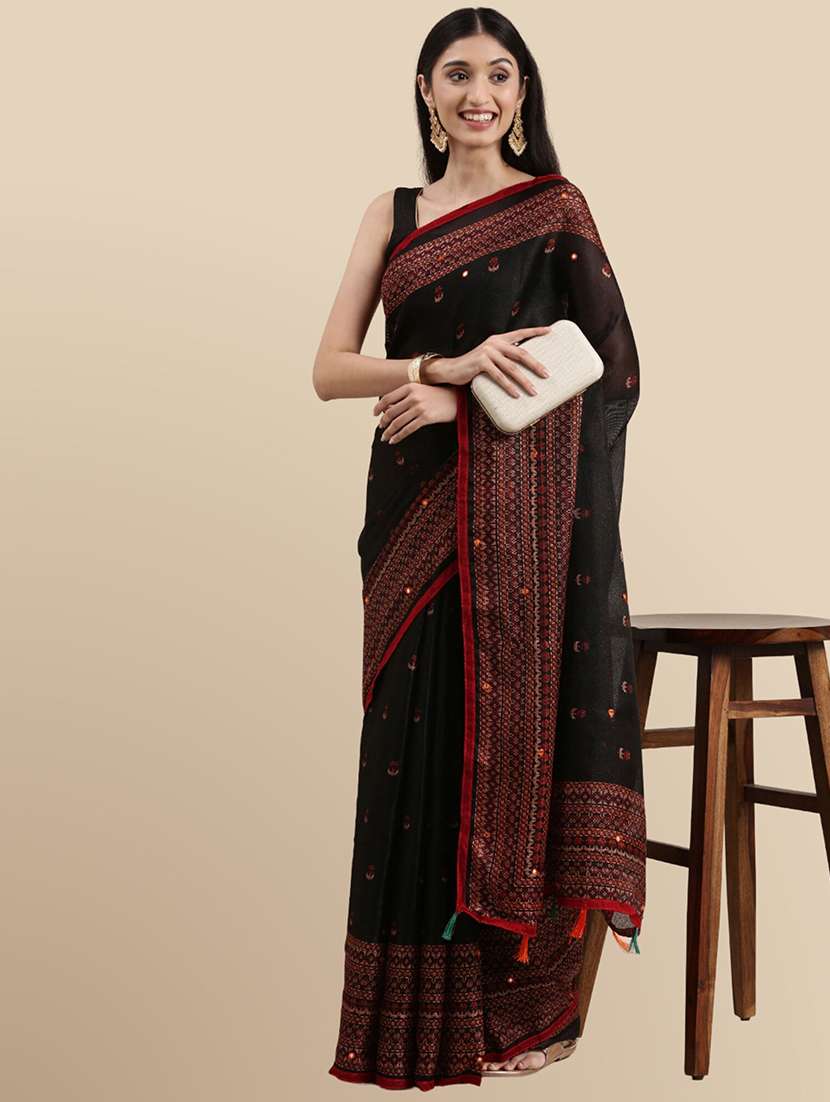 women self design black colored saree with blouse