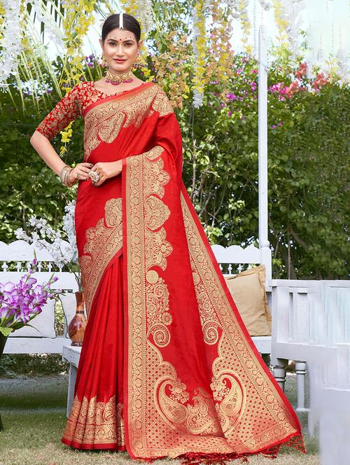 women's self design red colored saree with blouse - 20122123 -  Standard Image - 0