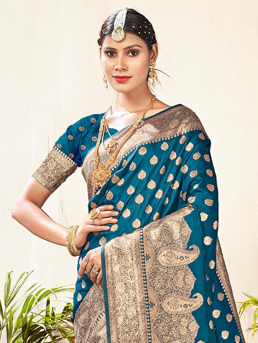 teal blue woven saree with blouse - 20122136 - Standard Image - 1