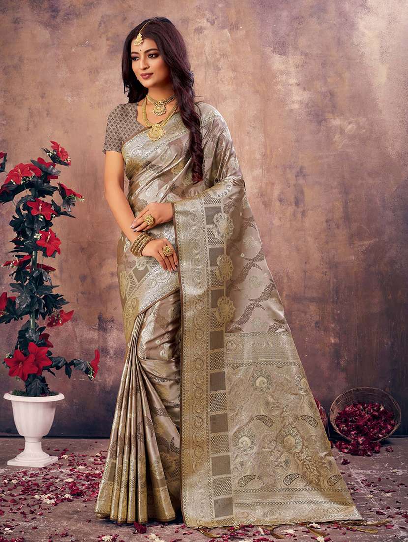 women's self design grey colored saree with blouse