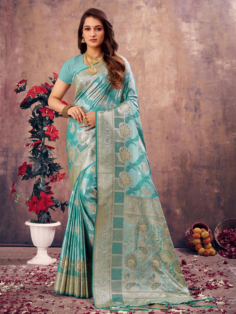 women's self design turquoise colored saree with blouse - 20122287 -  Zoom Image - 0