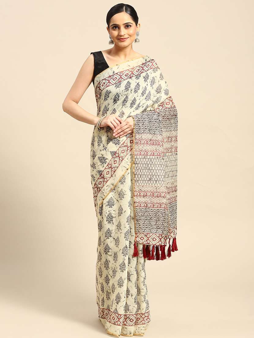 women's printed beige colored saree with blouse
