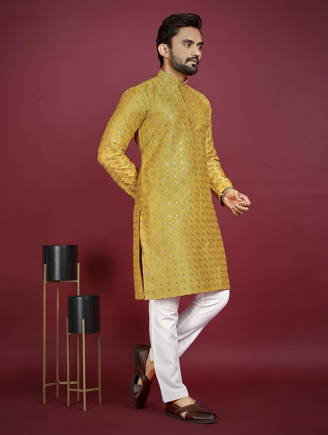 mandarin neck self design kurta - 20125118 - Standard Image - 1