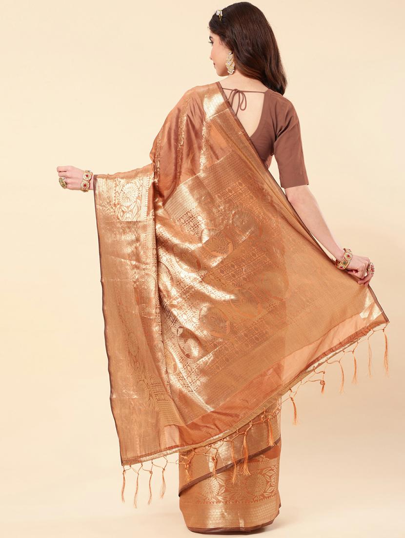brown self design banarasi saree with blouse - 20125529 - Standard Image - 1