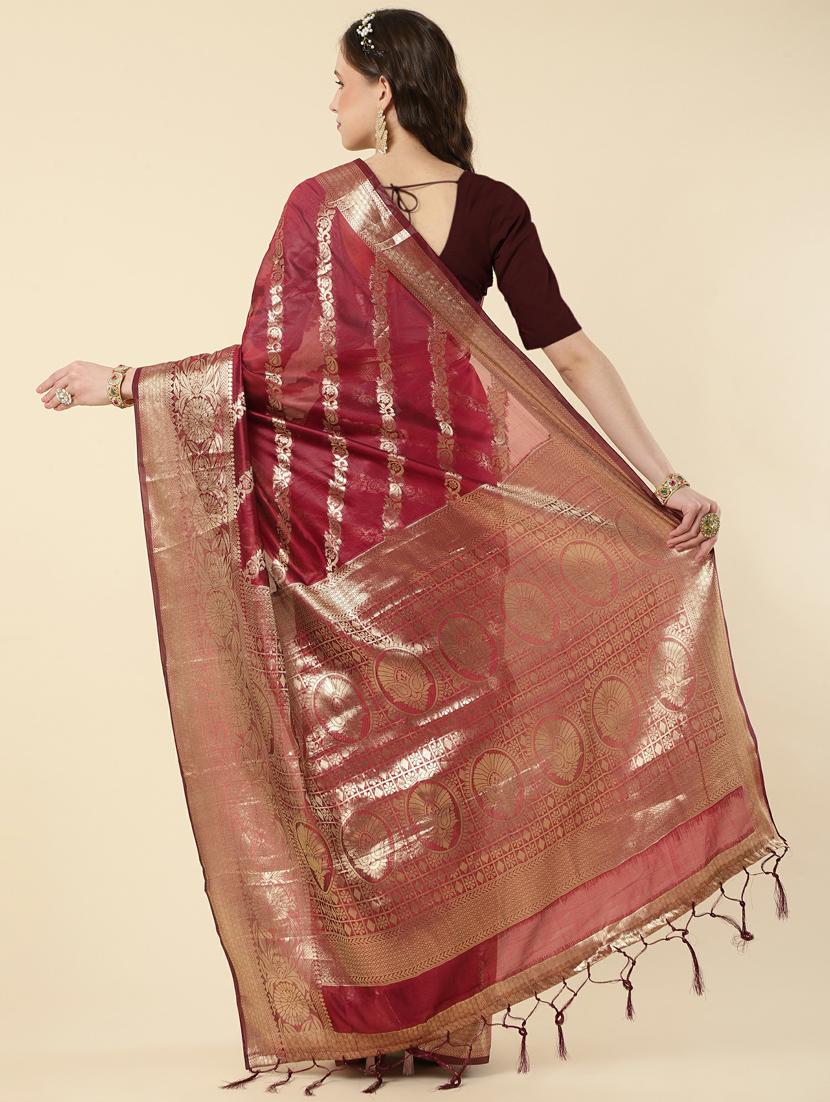 maroon self design banarasi saree with blouse - 20125530 - Standard Image - 1
