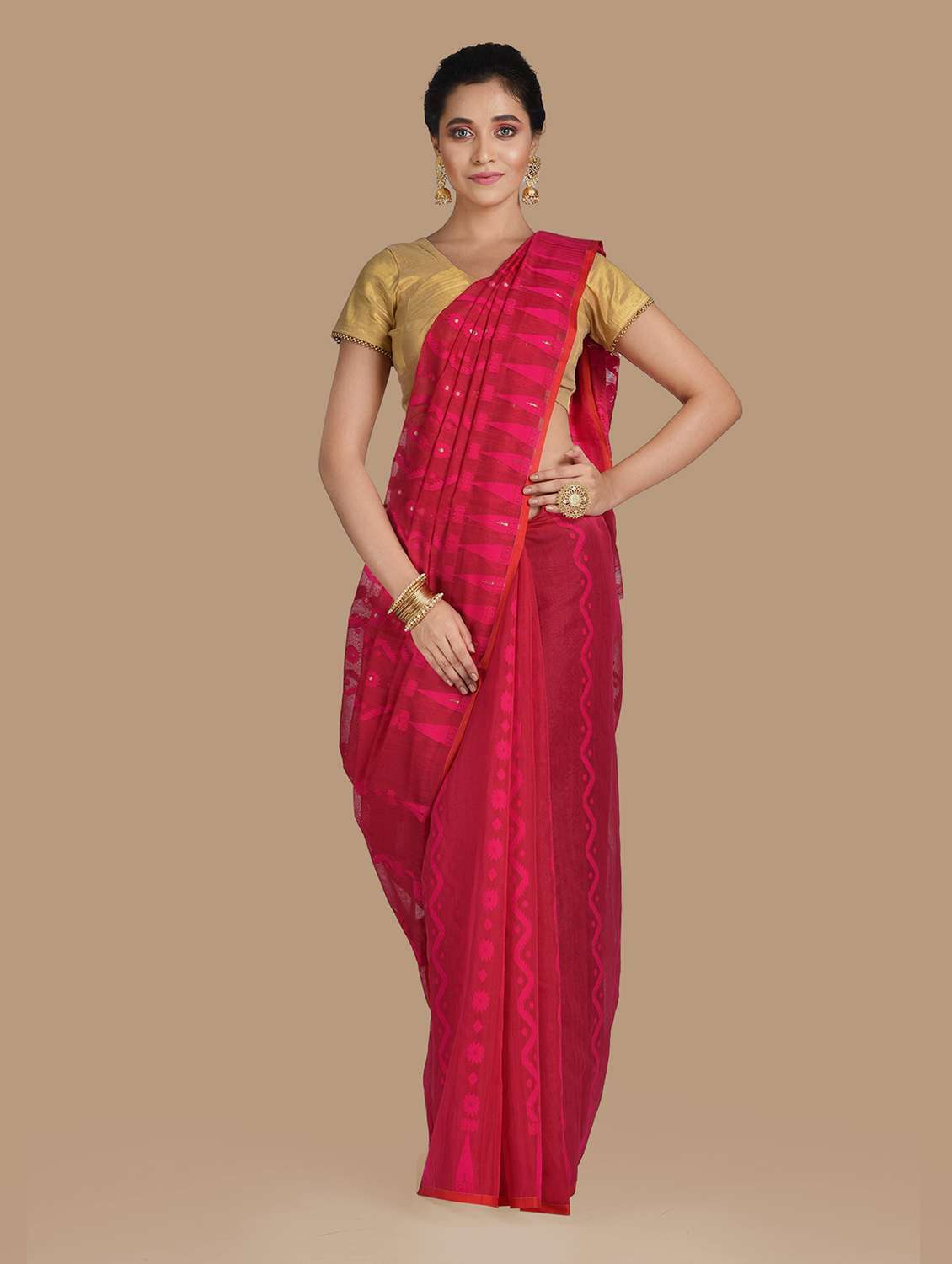 women's self design red colored saree