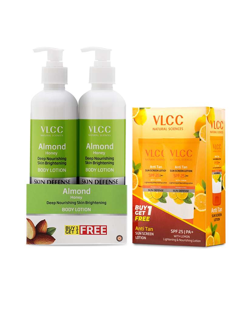 vlcc combo pack - almond body lotion -350 ml & sun screen lotion spf 25 -150 ml (pack of 2)
