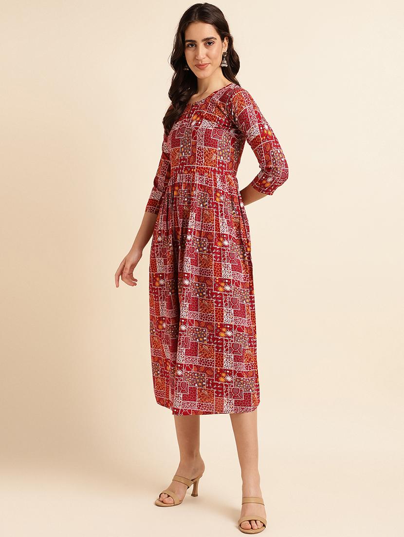 red printed a-line ethnic dress - 20129110 - Standard Image - 1