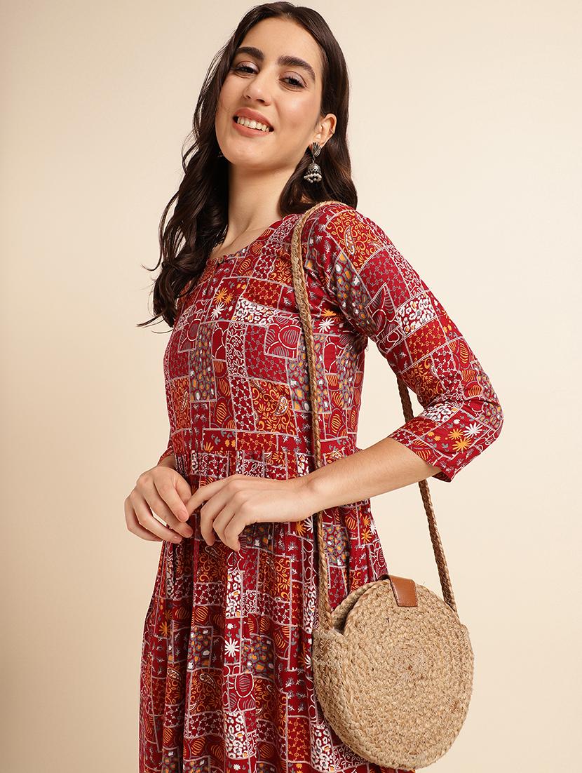 red printed a-line ethnic dress - 20129110 - Standard Image - 4