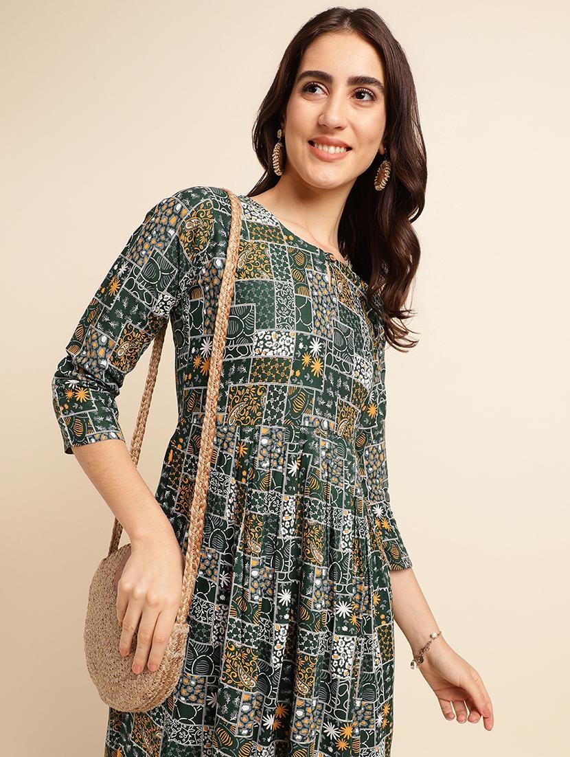 green printed a-line ethnic dress - 20129112 - Standard Image - 4