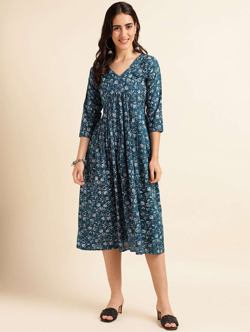 blue printed a-line ethnic dress