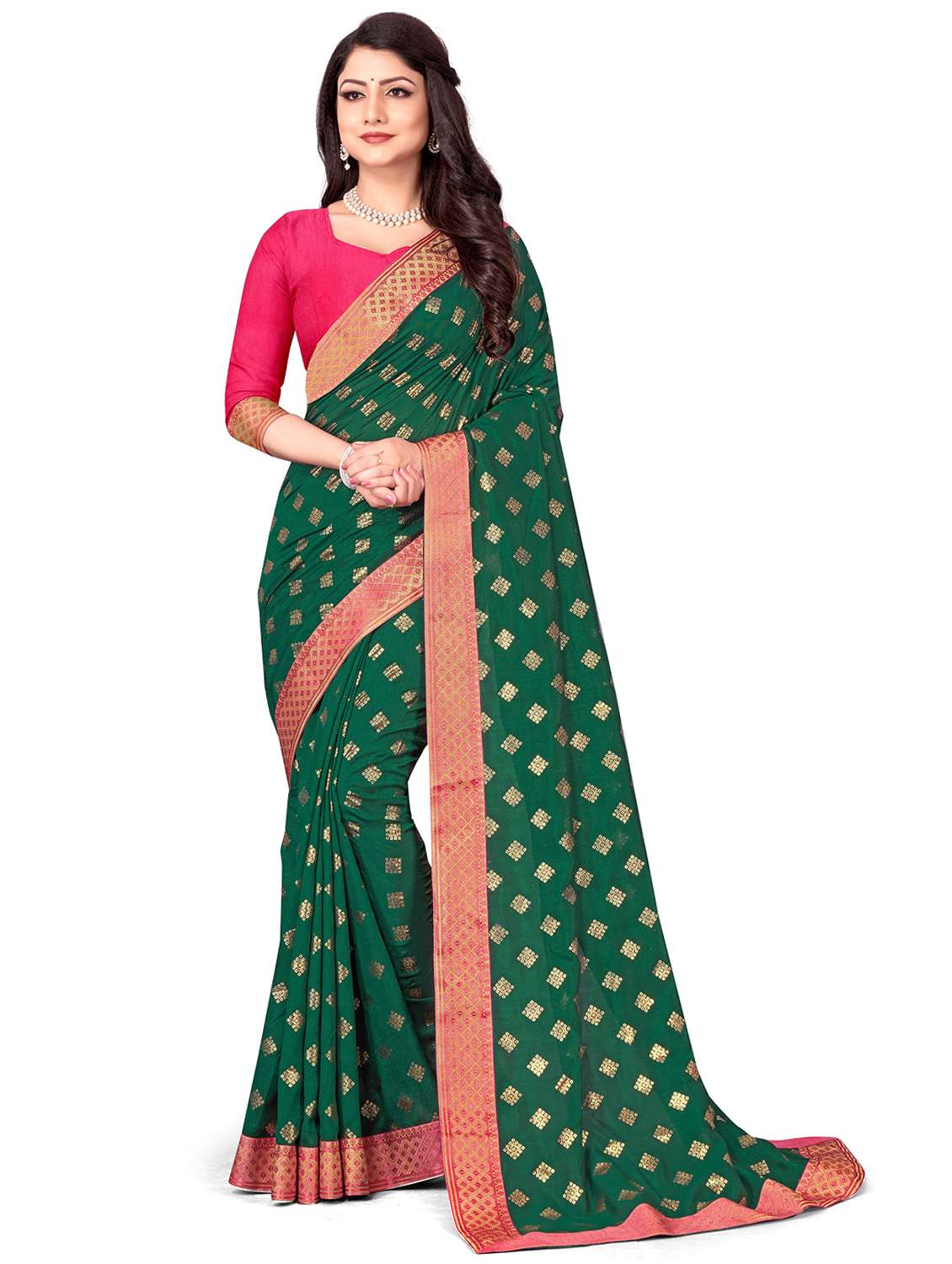 women's self design dark green colored saree with blouse