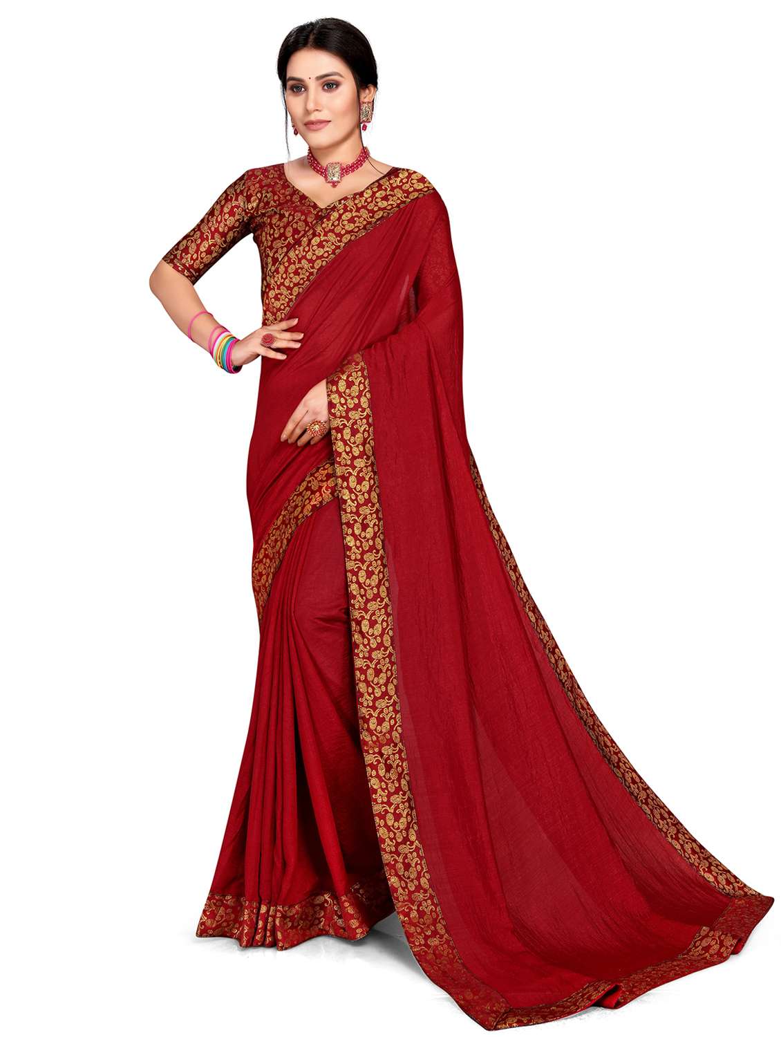women's bordered royal blue colored saree with blouse