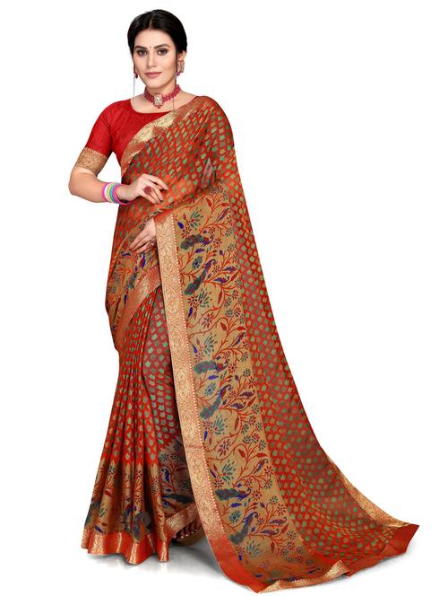 women's bordered coral colored saree with blouse - 20130556 -  Standard Image - 0