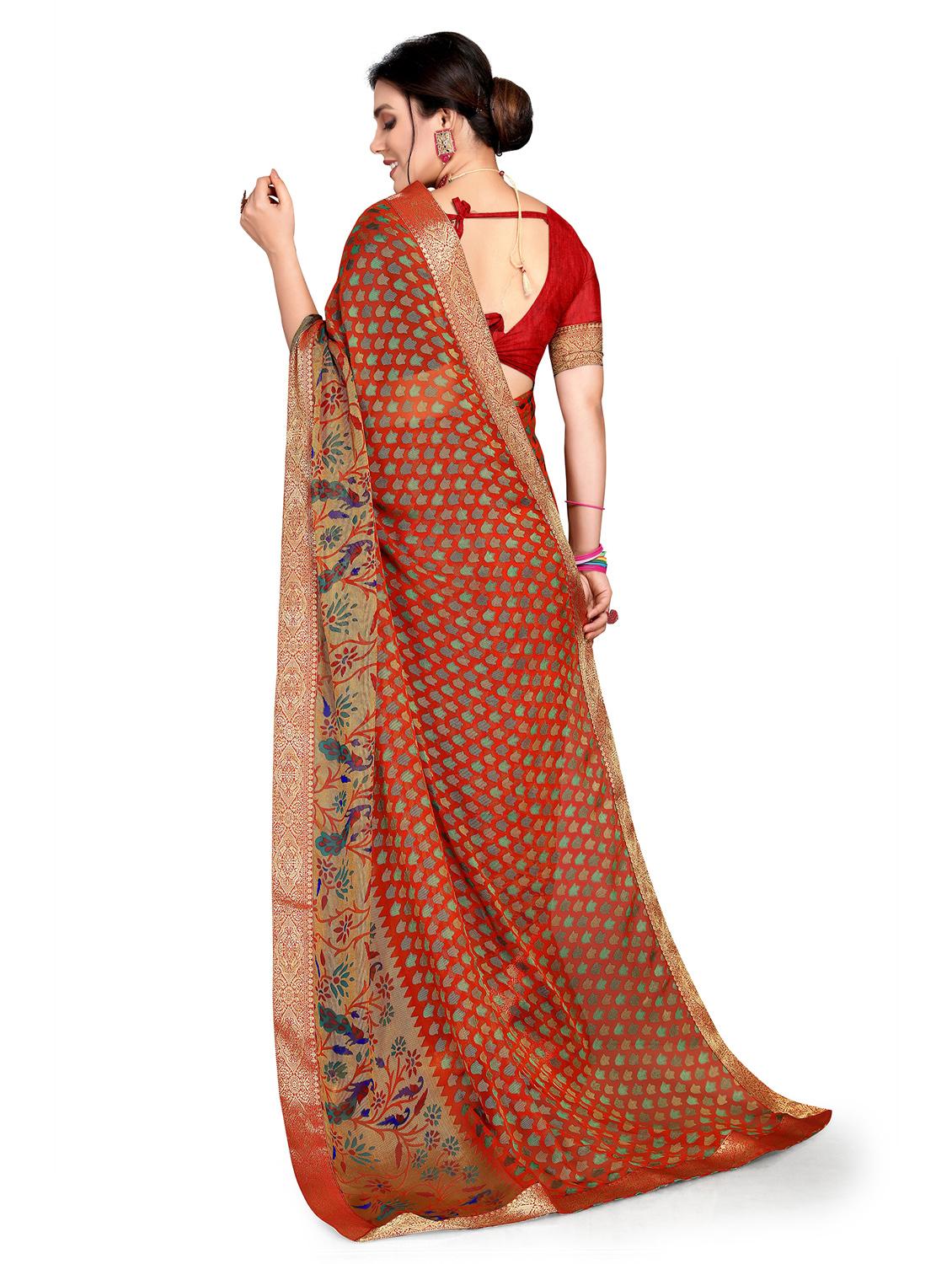 women's bordered coral colored saree with blouse - 20130556 -  Standard Image - 1