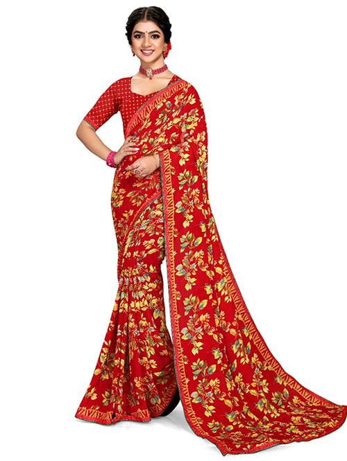 women's floral red colored saree with blouse - 20130587 -  Standard Image - 0