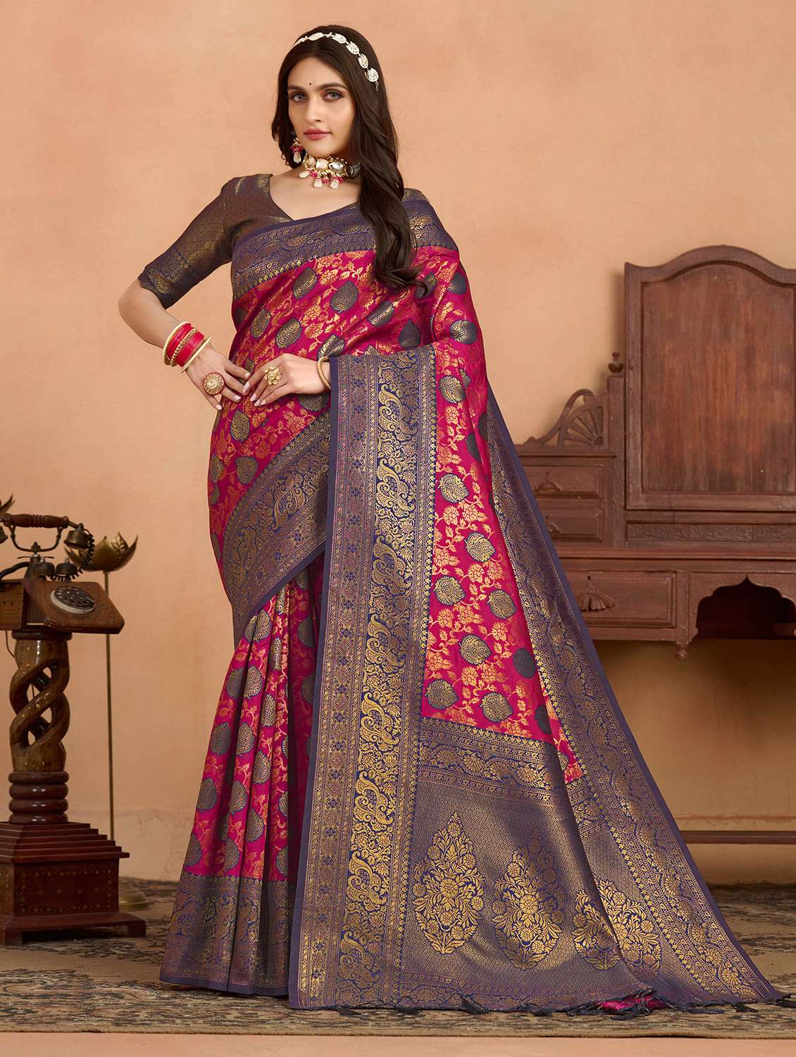 women's self design pink colored saree with blouse