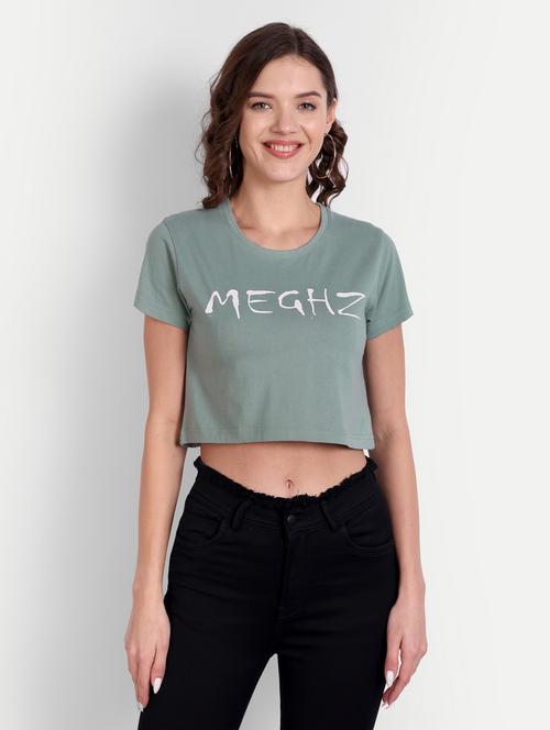 green cotton blend crop tshirt - 20131641 - Standard Image - 0