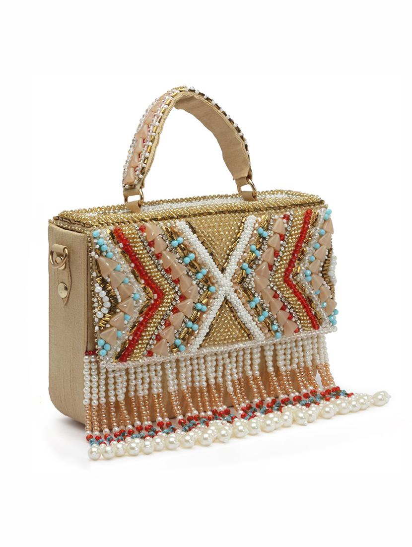 beige embellished fold over clutch - 20132449 - Standard Image - 4