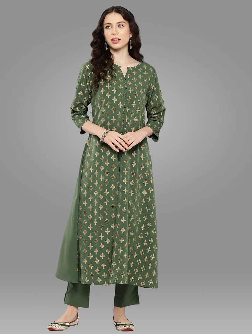 green printed kurta pant set