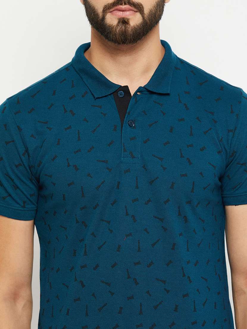 teal printed short sleeves regular fit polo t-shirt  - 20132804 -  Standard Image - 4