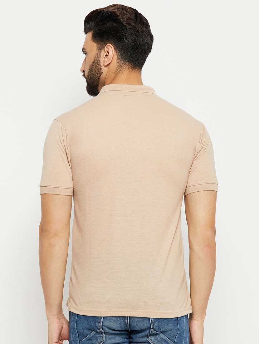 beige solid short sleeves regular fit polo t-shirt  - 20132820 -  Standard Image - 1