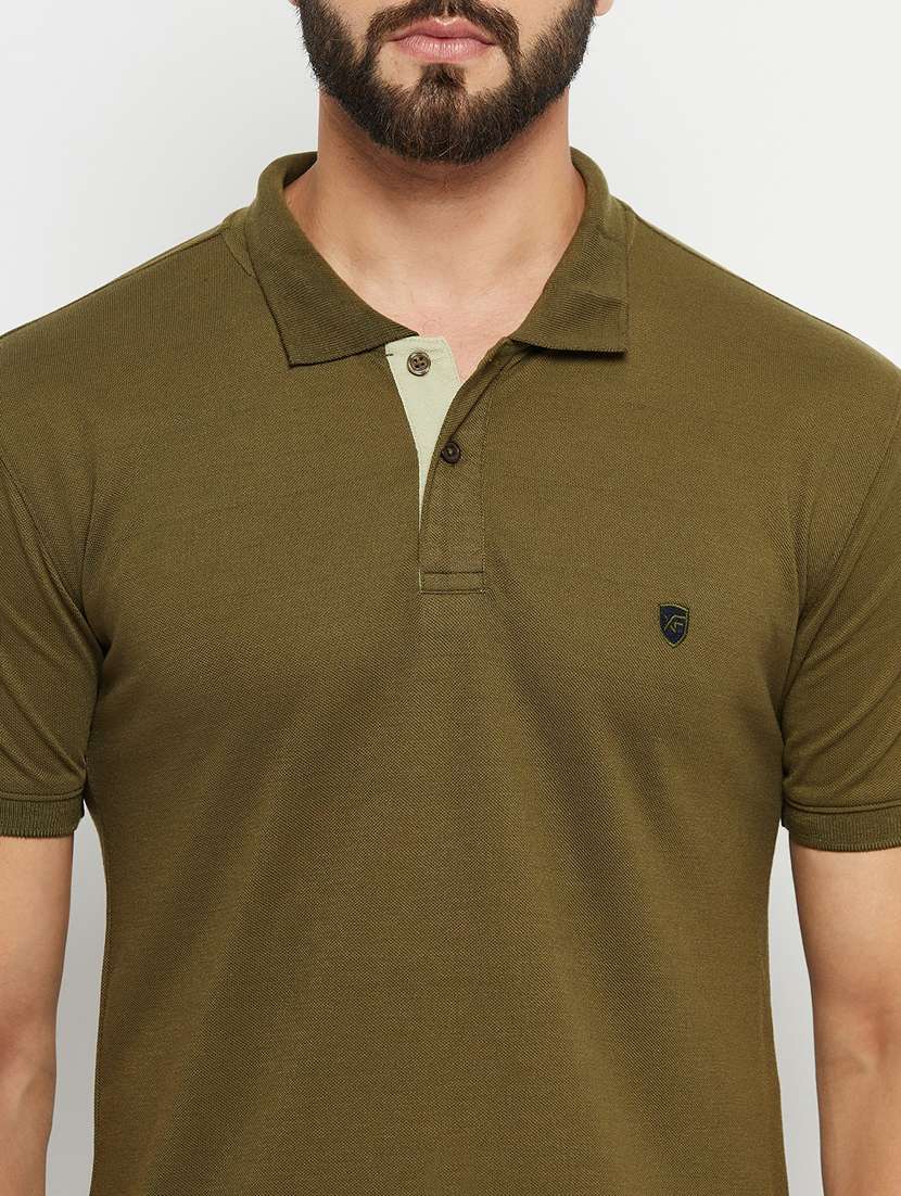 olive solid short sleeves regular fit polo t-shirt  - 20132825 -  Standard Image - 4