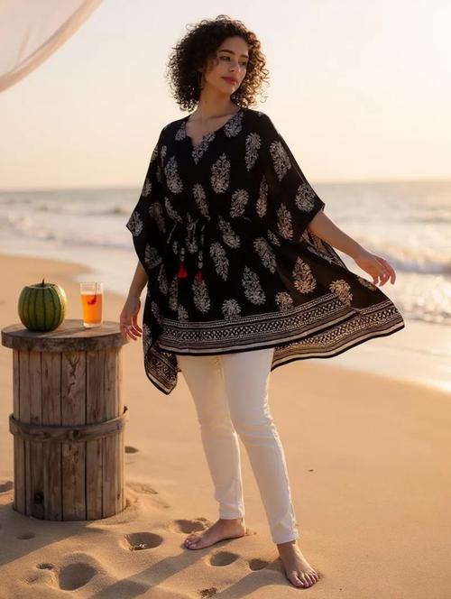 black printed notch neck kaftan - 20132853 - Standard Image - 0