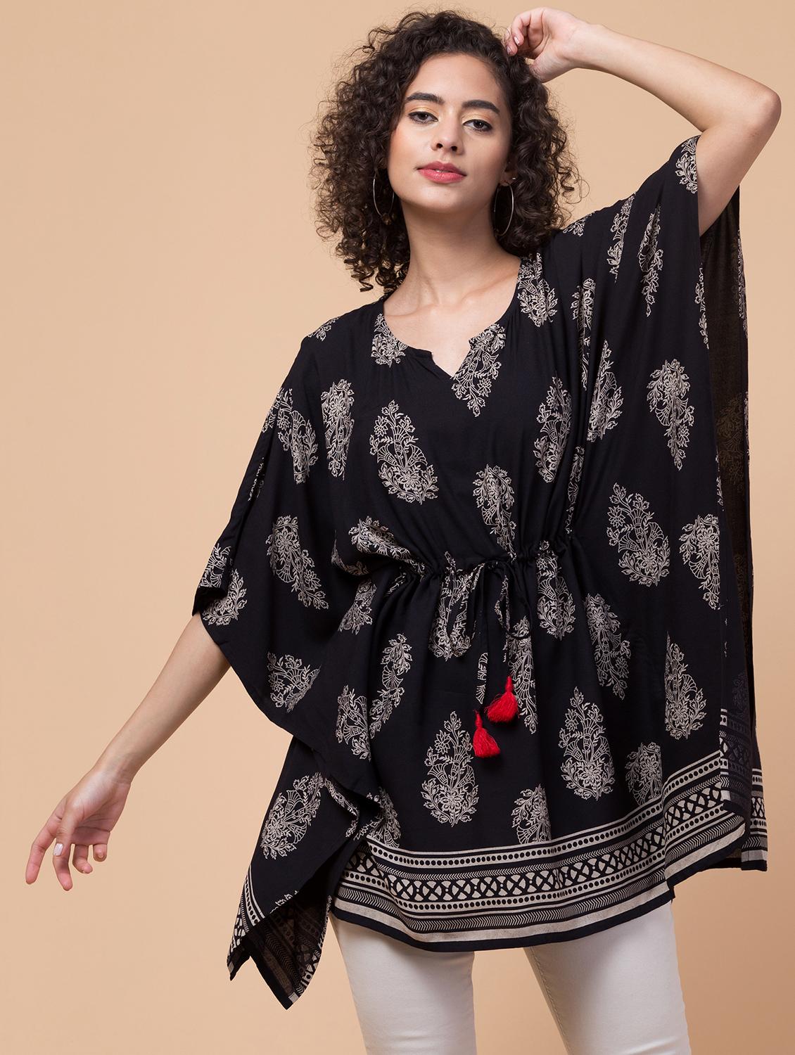 black printed notch neck kaftan - 20132853 - Standard Image - 4