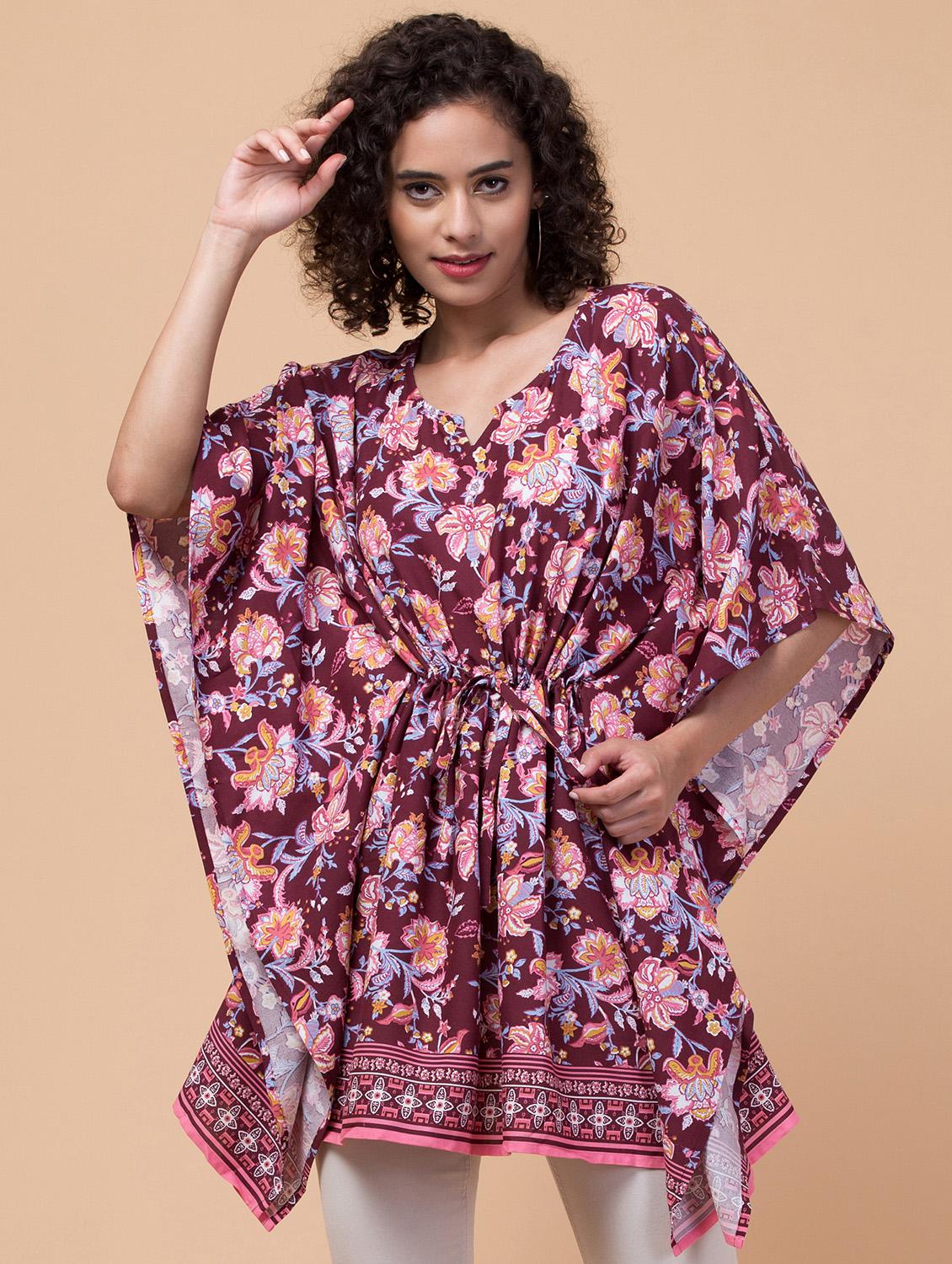 maroon printed notch neck kaftan - 20132854 - Zoom Image - 0