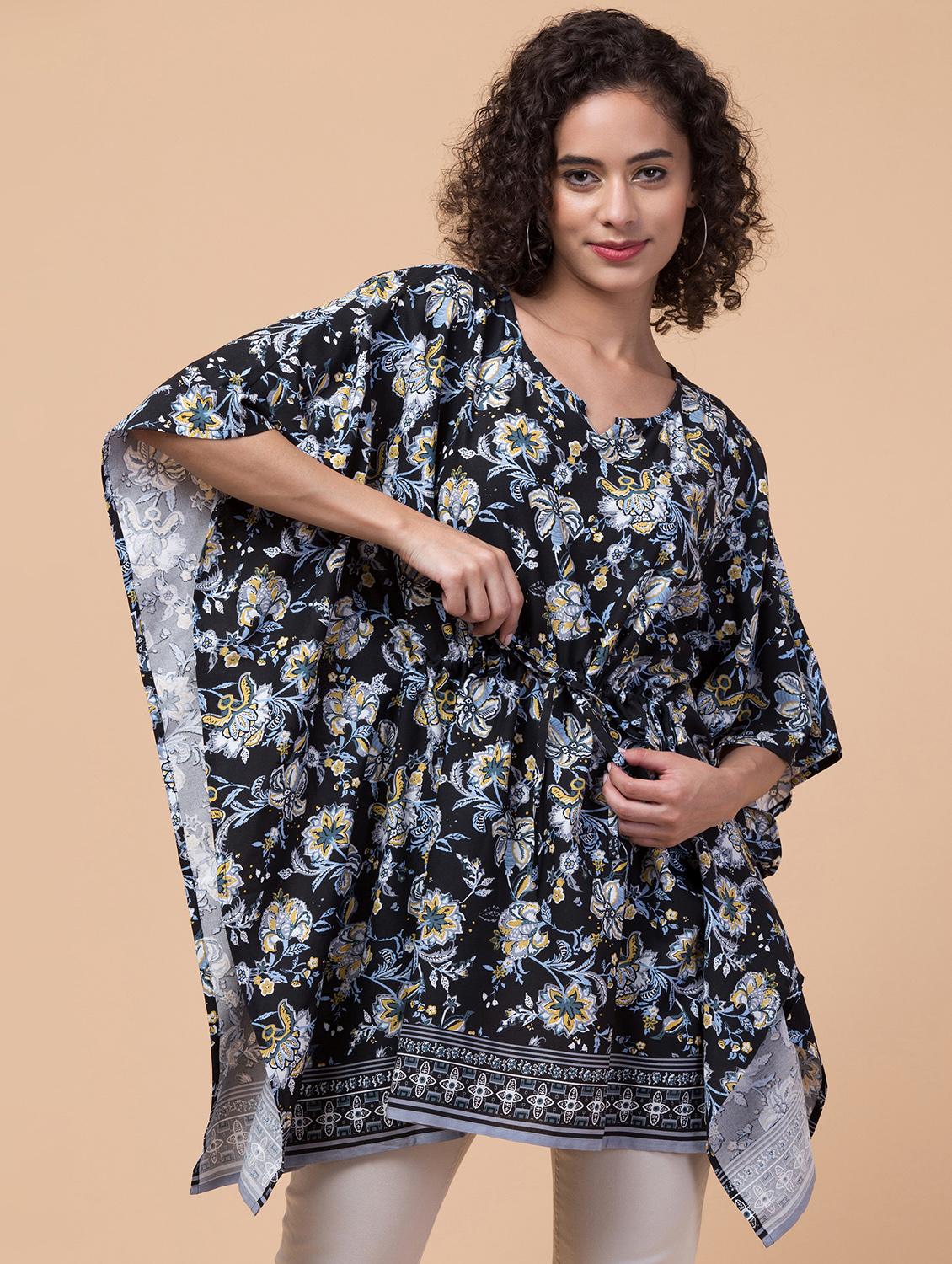 black printed notch neck kaftan - 20132855 - Standard Image - 1